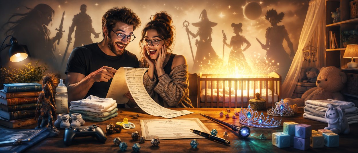 Eine Geburtsurkunde liegt zwischen Fantasybüchern, Spielcontroller, Zauberstab, Würfeln und kleinen Babysachen mit nerdigen Namensideen.