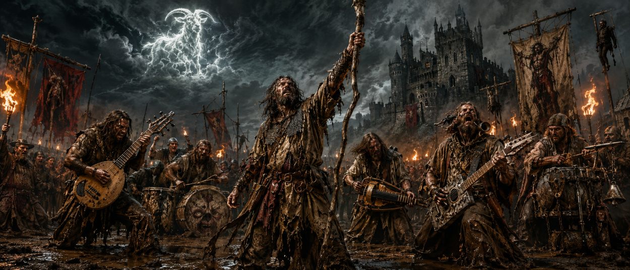 Ein schlammiger Bauernheld steht mit einer Metalband vor einer mittelalterlichen Burg, während eine verschwundene Ziege als leuchtende Silhouette über dem Aufstand erscheint.