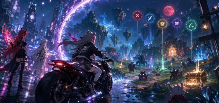 Eine Anime-Figur fährt mit einem Motorrad aus einer Neonstadt in ein Fantasy-Gebiet mit Dungeons, Monstern, Loot und magischen Portalen.