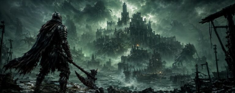 Ein düsterer Krieger steht mit Axt und zerbeulter Rüstung an einer sturmumtosten Küste, während hinter ihm eine verfallene Fantasy-Stadt im Nebel liegt.