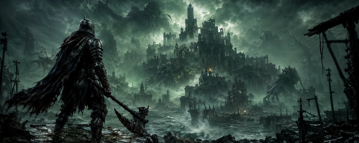 Ein düsterer Krieger steht mit Axt und zerbeulter Rüstung an einer sturmumtosten Küste, während hinter ihm eine verfallene Fantasy-Stadt im Nebel liegt.