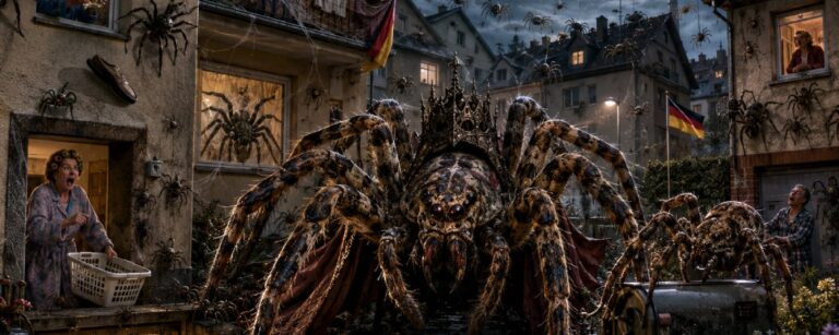 Satirische Nachtszene in einer deutschen Wohnsiedlung, in der riesige Nosferatu-Spinnen Häuser, Balkone und Keller besetzen, während erschrockene Bewohner mit Gläsern, Wäschekörben und Panik reagieren.