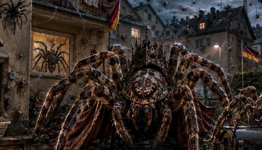 Satirische Nachtszene in einer deutschen Wohnsiedlung, in der riesige Nosferatu-Spinnen Häuser, Balkone und Keller besetzen, während erschrockene Bewohner mit Gläsern, Wäschekörben und Panik reagieren.