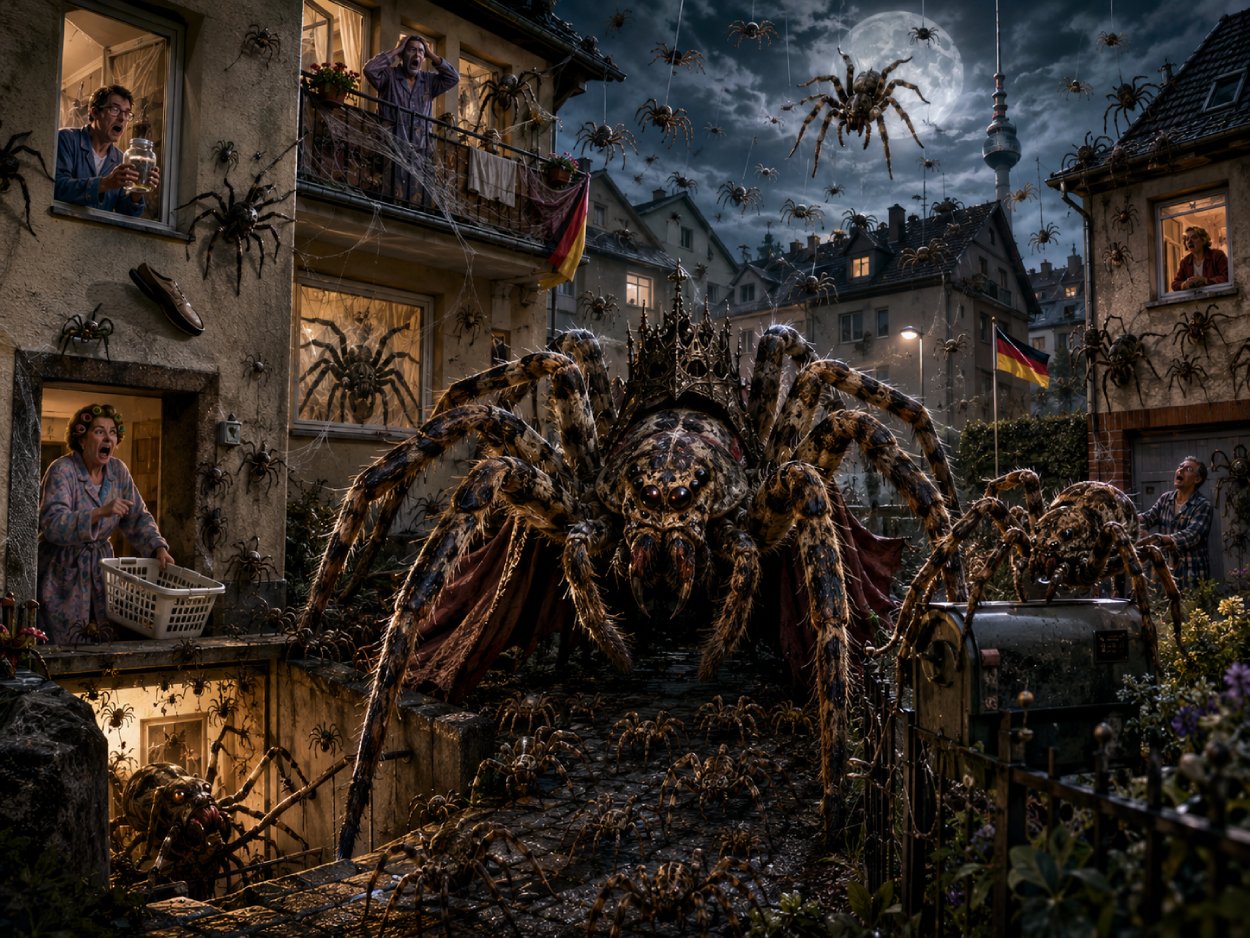 Satirische Nachtszene in einer deutschen Wohnsiedlung, in der riesige Nosferatu-Spinnen Häuser, Balkone und Keller besetzen, während erschrockene Bewohner mit Gläsern, Wäschekörben und Panik reagieren.