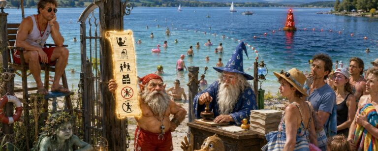 Satirische Fantasy-Szene am Eingang eines Strandbads in Halle mit Baderegel-TÜV, Rettungszwerg, Badegästen, See und magischer Badeordnung