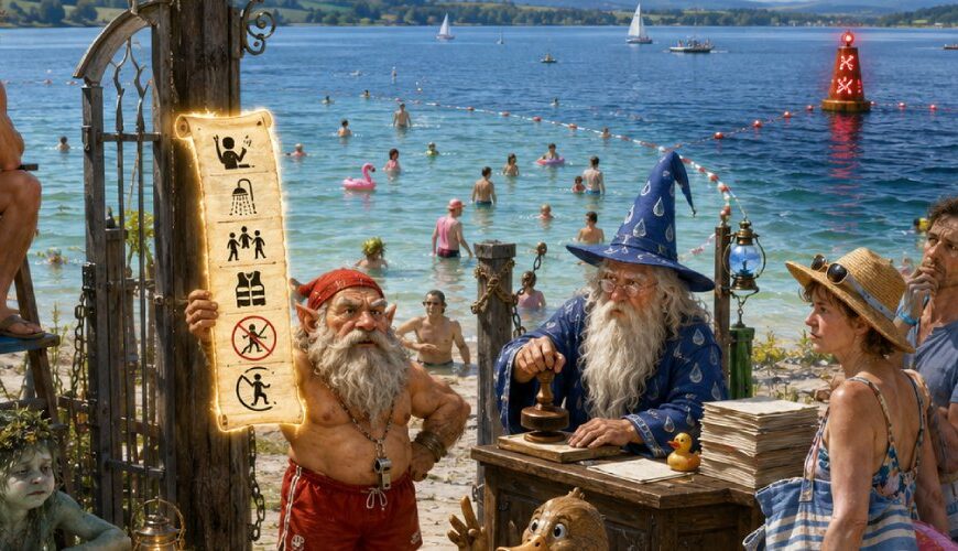 Satirische Fantasy-Szene am Eingang eines Strandbads in Halle mit Baderegel-TÜV, Rettungszwerg, Badegästen, See und magischer Badeordnung