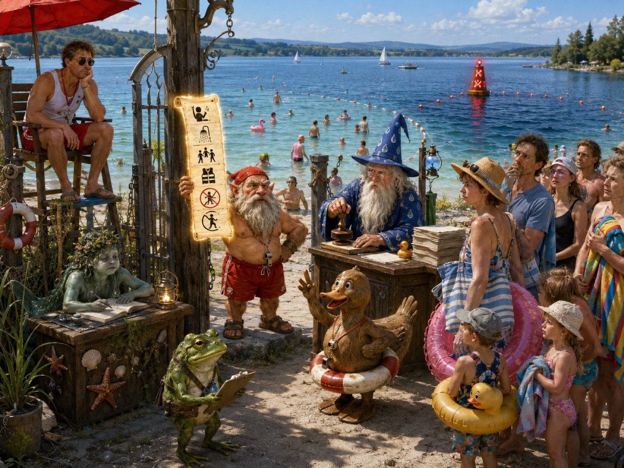 Satirische Fantasy-Szene in einem Drogeriemarkt mit leeren Proteinregalen, Orks, Kobolden und einem Portal in die Zwischenreiche, durch das Whey-Pulver verschwindet