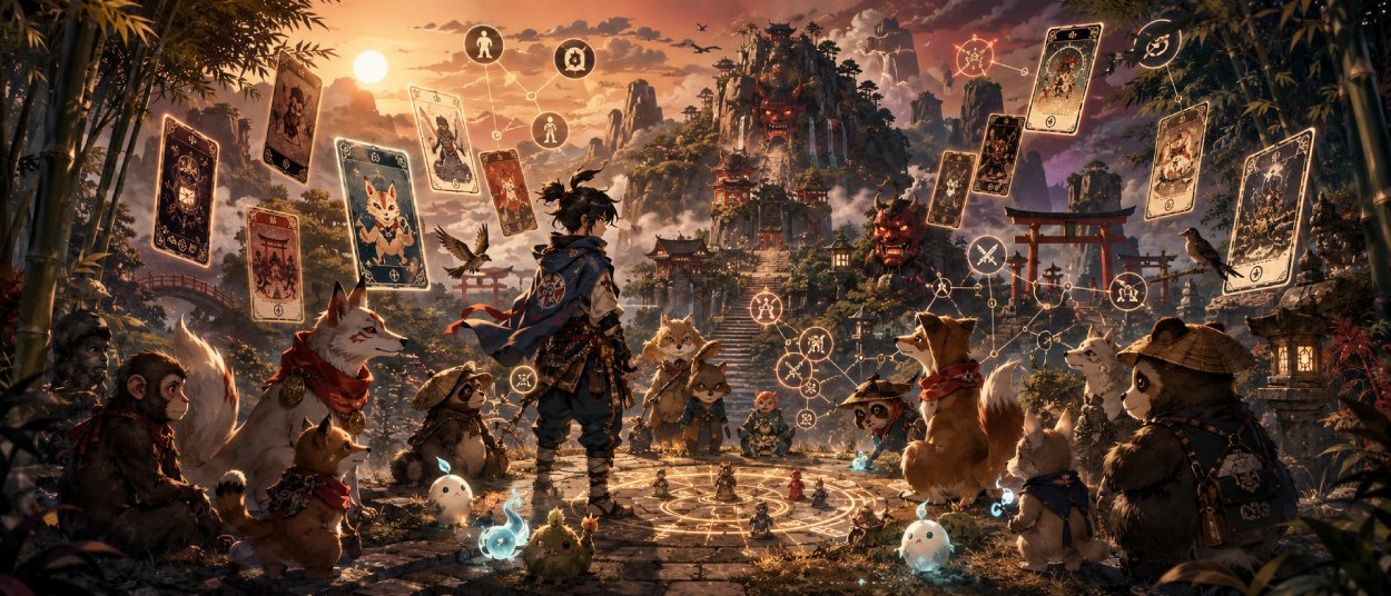 Ein junger Abenteurer steht mit mehreren Tiergefährten auf einer mystischen Oni-Insel, während Spielkarten, Bambuswälder und rote Dämonenmasken die Szene prägen.