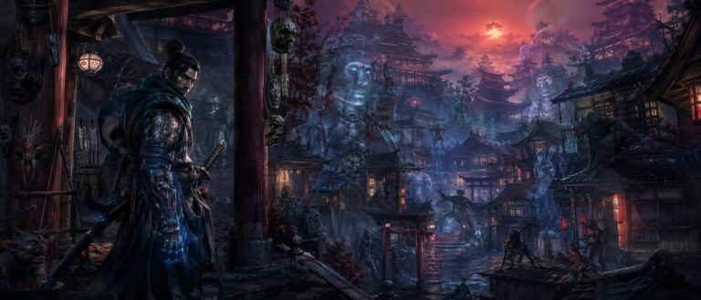 Ein finsterer Samurai-Krieger steht in einer dämonisch verfremdeten Kyoto-Straße, während geisterhafte Steinstatuen sprechen, Oni-Energie leuchtet und Monster im Hintergrund auftauchen.