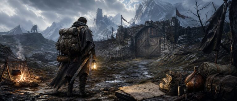 Ein erschöpfter Abenteurer steht mit Rucksack und Laterne vor einem verschlossenen Stadttor in einer rauen Fantasy-Landschaft.