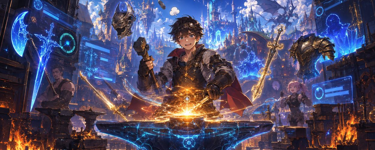 Ein junger Fantasy-Gamer-Schmied steht vor einem glühenden Amboss in einer virtuellen MMORPG-Welt, während magische Waffen, Statusfenster und goldene Funken um ihn herum schweben.