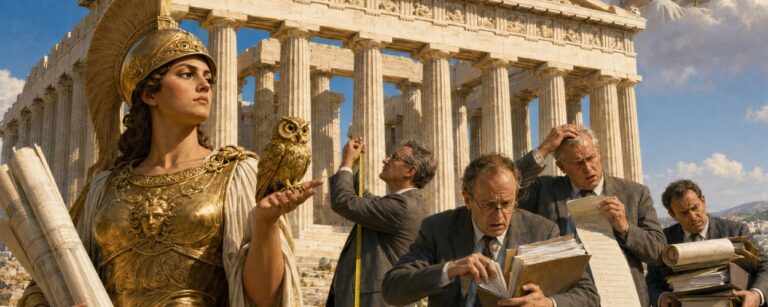 Athena steht mit Bauplänen und Eule vor dem restaurierten Parthenon, während deutsche Beamte mit Akten, Checklisten und Maßband kämpfen.