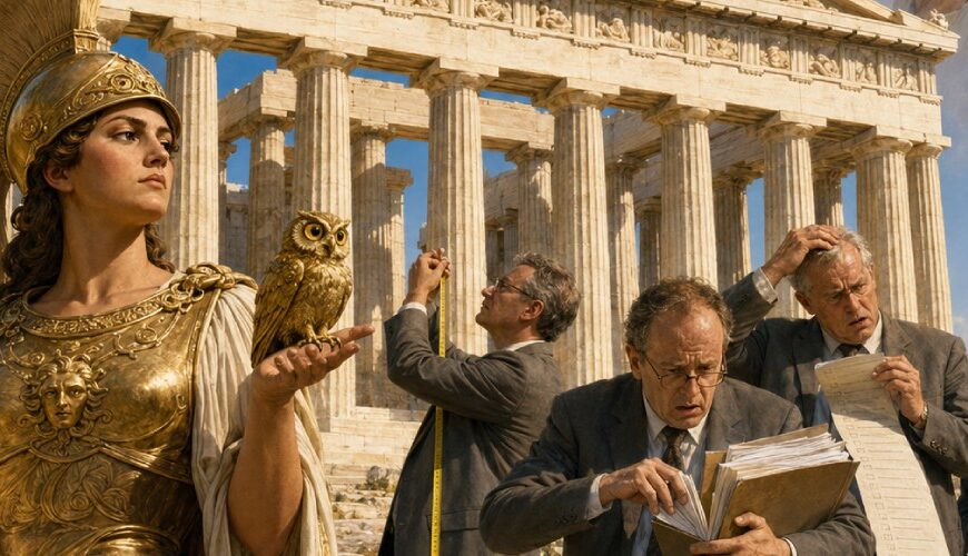 Athena steht mit Bauplänen und Eule vor dem restaurierten Parthenon, während deutsche Beamte mit Akten, Checklisten und Maßband kämpfen.