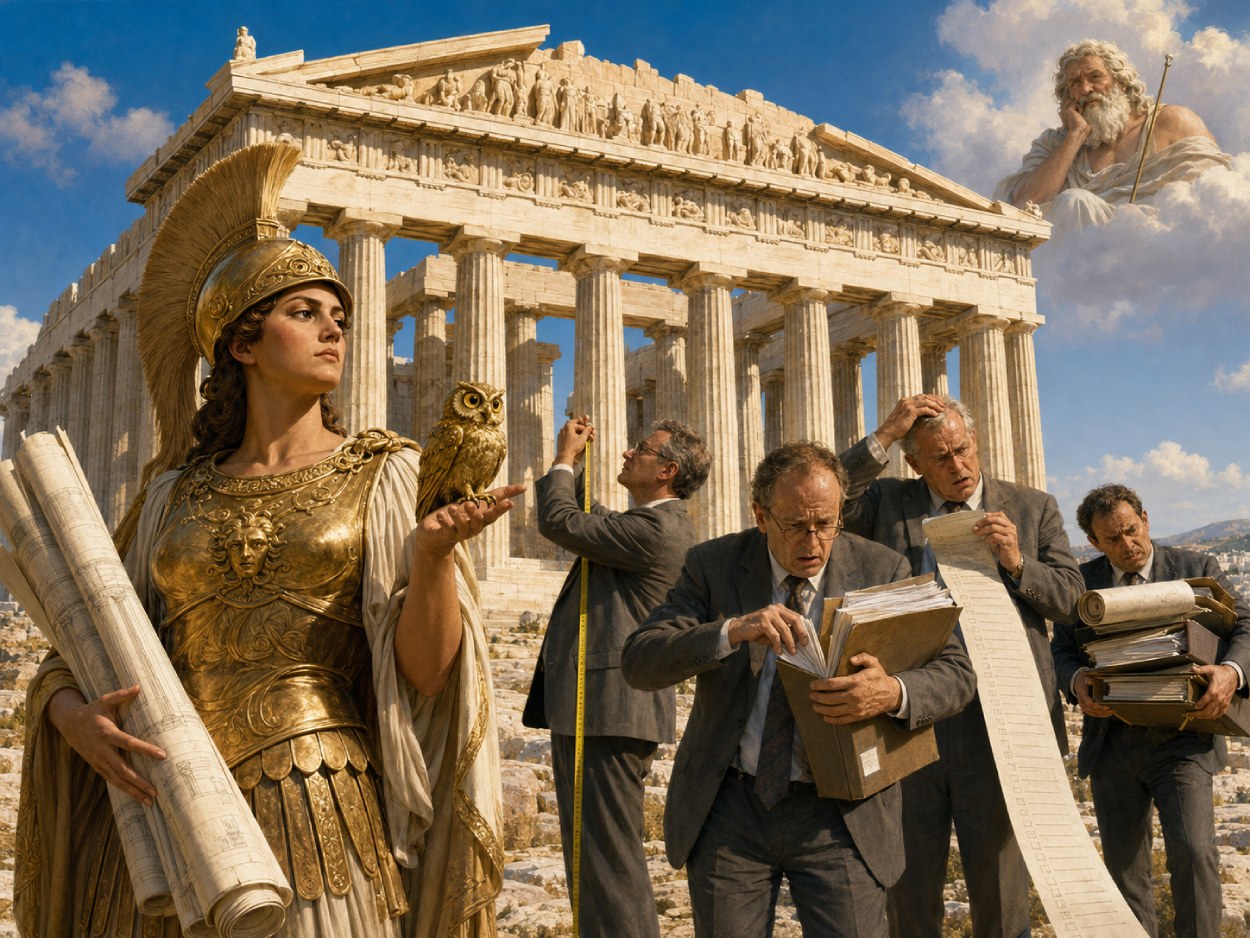 Athena steht mit Bauplänen und Eule vor dem restaurierten Parthenon, während deutsche Beamte mit Akten, Checklisten und Maßband kämpfen.