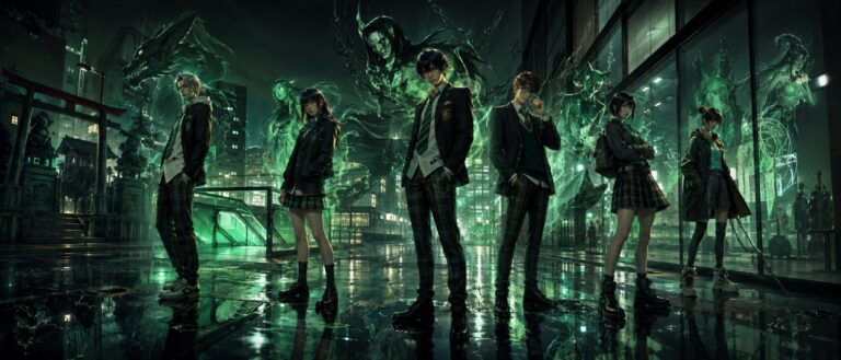 Eine Gruppe japanischer Schüler steht nachts vor einer modernen Stadt, während übernatürliche Schatten, grüne Neonlichter und maskenhafte Geistergestalten um sie herum erscheinen.