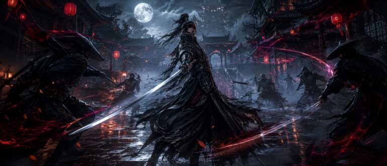 Ein düsterer Wuxia-Krieger mit gezogenem Schwert steht in einer nebligen Fantasy-Stadt, während Klingenblitze, rote Laternen und Schattengegner die Szene umgeben.