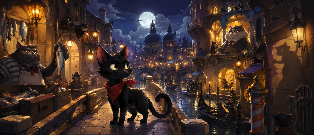 Eine schwarze Katze steht nachts auf einer venezianischen Brücke, während Gondeln, warmes Licht, abergläubische Schatten und ein mächtiger Katzenboss in der Ferne zu sehen sind.