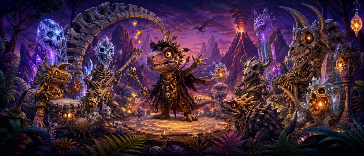 Eine magische Urzeitwelt mit Fossilien, Dinosaurierwesen, Kristallen und einer kleinen Hexen-Dino-Figur im Zentrum.