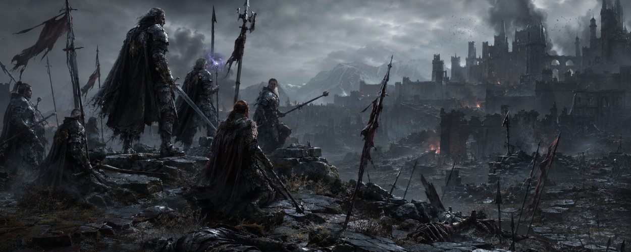 Mehrere düstere Fantasy-Krieger stehen auf einem zerstörten Schlachtfeld zwischen Ruinen, Bannern und kaltem Nebel, bereit für einen taktischen Kampf.