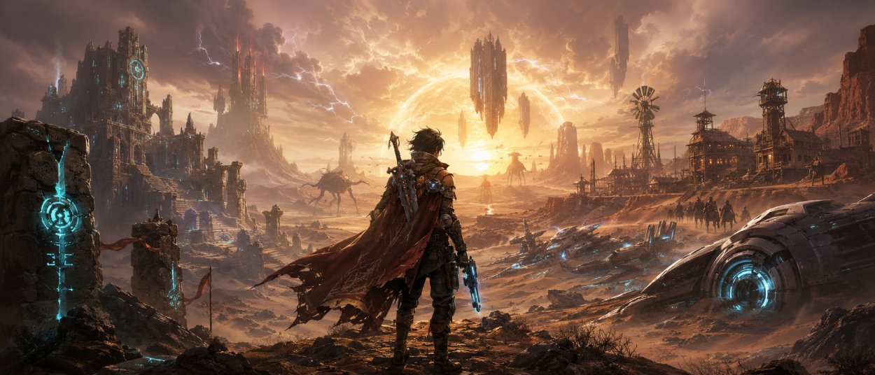 Ein einsamer Held steht in einer offenen Wüstenlandschaft zwischen magischen Ruinen, futuristischen Maschinen und einem glühenden Sonnenhimmel.
