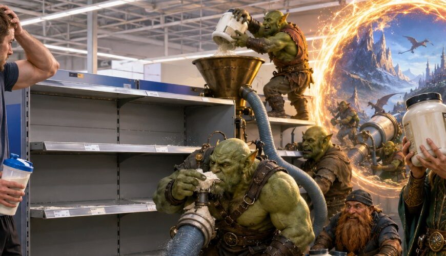 Satirische Fantasy-Szene in einem Drogeriemarkt mit leeren Proteinregalen, Orks, Kobolden und einem Portal in die Zwischenreiche, durch das Whey-Pulver verschwindet