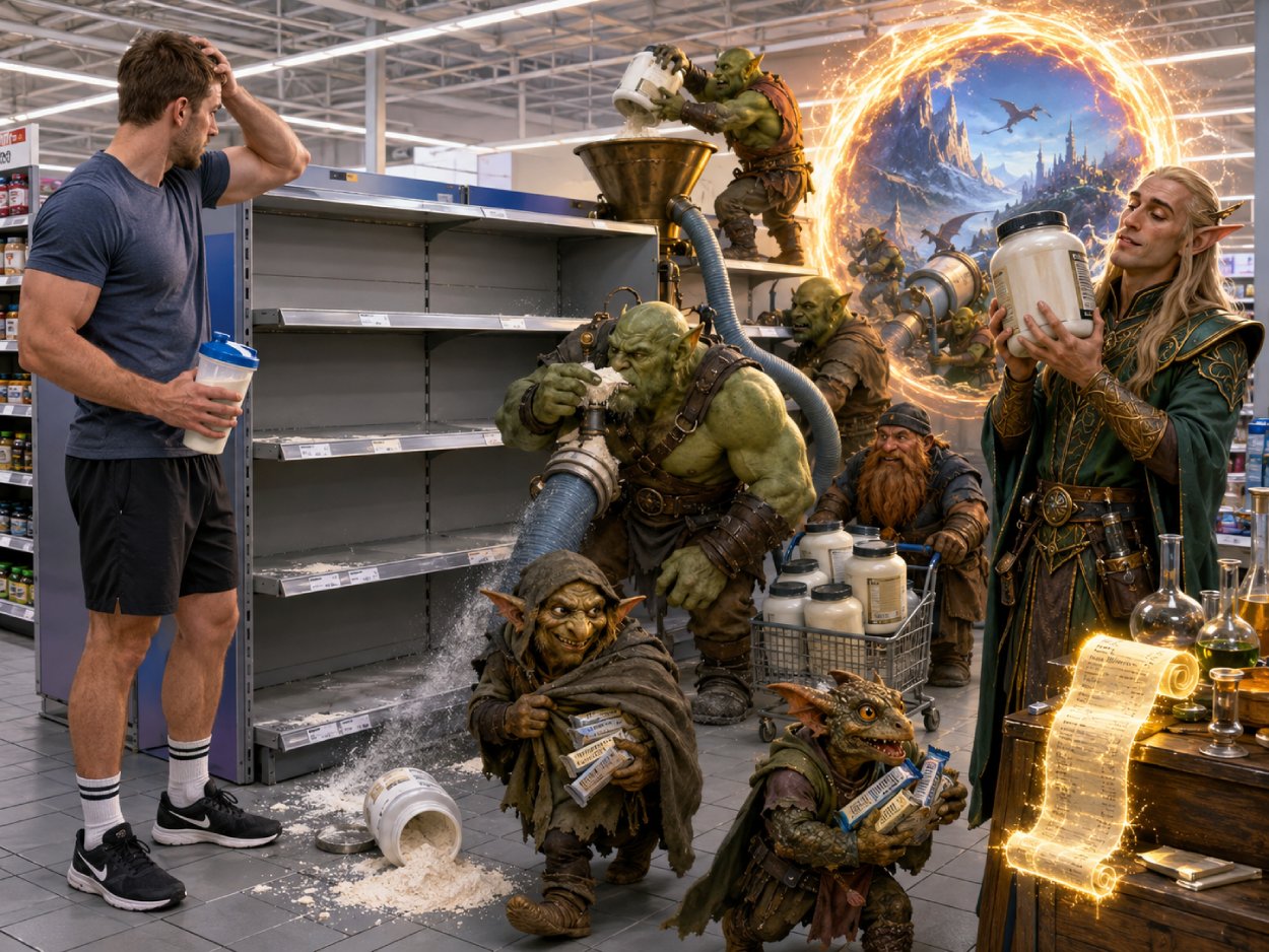 Satirische Fantasy-Szene in einem Drogeriemarkt mit leeren Proteinregalen, Orks, Kobolden und einem Portal in die Zwischenreiche, durch das Whey-Pulver verschwindet