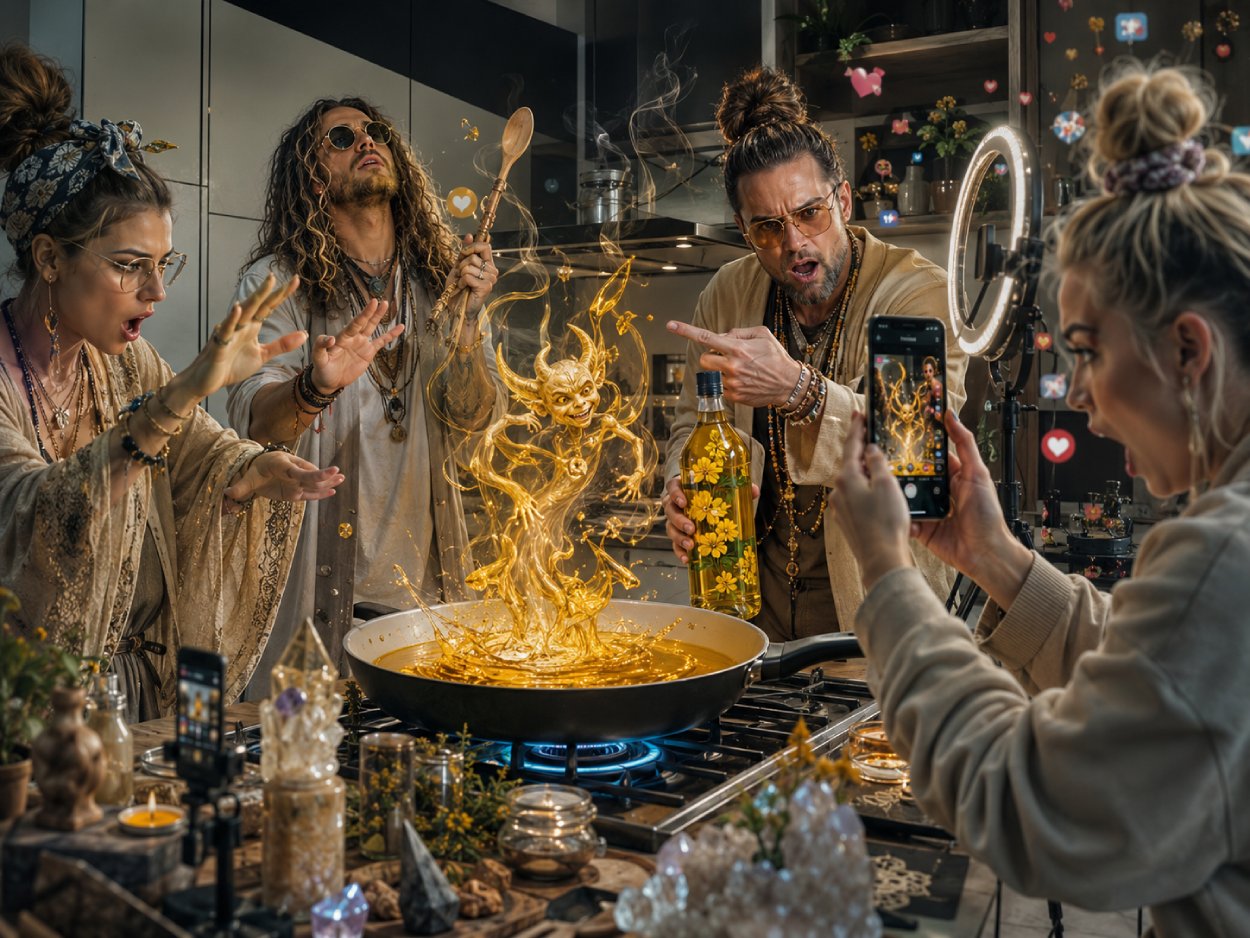 Satirische Küchenszene mit Influencern, die eine Pfanne mit goldenem Rapsöl wie einen Exorzismusaltar umringen. Aus dem Öl steigt ein kleiner Dämon, während Smartphones, Ringlicht, Kräuter und Kristalle die absurde Social-Media-Panik um Rapsöl inszenieren.