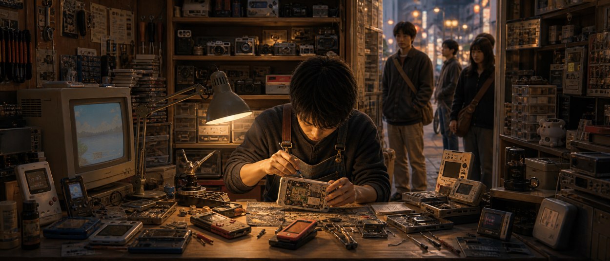 Ein kleiner Elektronik-Reparaturshop im Japan der Y2K-Zeit mit alten Handhelds, Spielkonsolen, Musikplayern, Werkzeugen und leuchtendem Bildschirmlicht.