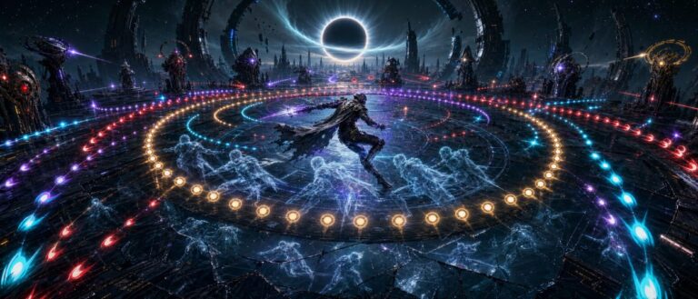 Ein futuristischer Kämpfer tanzt durch leuchtende Projektilmuster in einer kosmischen Arena.
