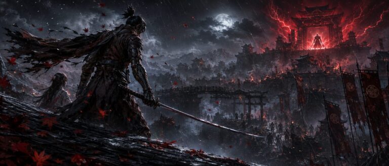 Ein einsamer Shinobi steht mit gezogener Klinge vor einer brennenden Burg im feudalen Japan, während rote Blätter und Schattenkrieger durch den Wind treiben.