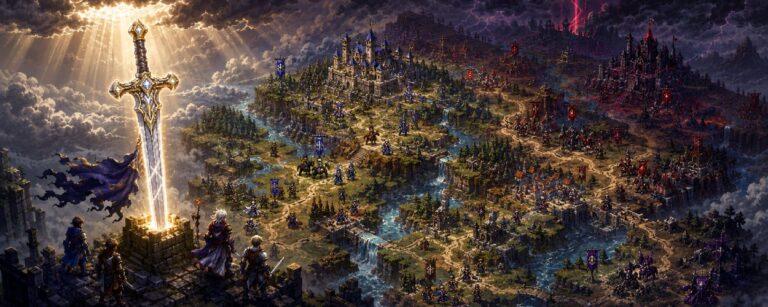 Eine taktische Pixel-Fantasy-Schlacht mit kleinen Heldenfiguren, Bannern, Burgruinen und einem silbernen Schwert, das im Vordergrund gegen göttliches Licht erhoben wird.