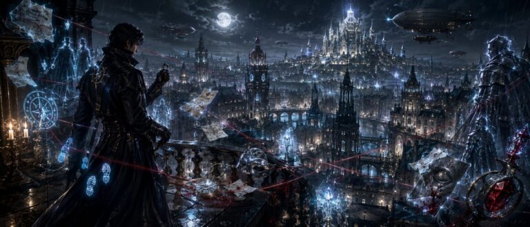 Ein Fantasy-Detektiv steht nachts vor einem silbernen Palast in einer riesigen Stadt, während Hinweise, Schatten und magische Spuren um ihn erscheinen.