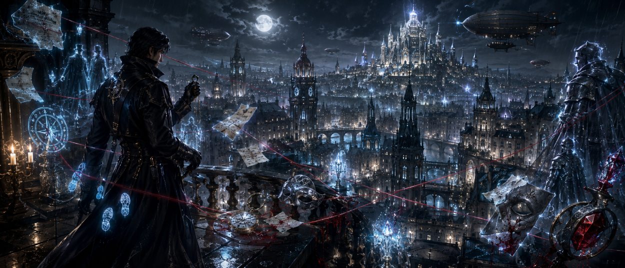 Ein Fantasy-Detektiv steht nachts vor einem silbernen Palast in einer riesigen Stadt, während Hinweise, Schatten und magische Spuren um ihn erscheinen.