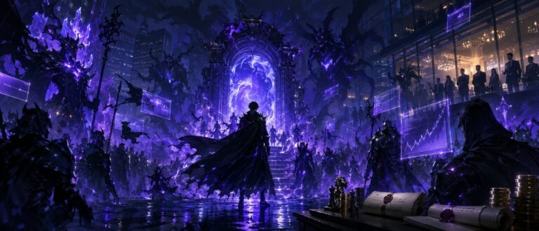 Ein dunkler Schattenkrieger steht vor einem geöffneten Dungeon-Portal, während Monster, Finanzdokumente und magische Systemfenster um ihn herum aufleuchten.