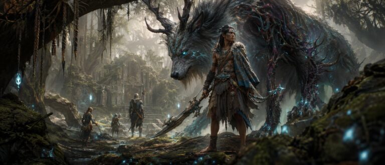 Ein Fantasykrieger steht barfuß in einem verfluchten Wald, während Naturmagie, uralte Waffen und ein riesiges korrumpiertes Tierwesen die Szene bestimmen.