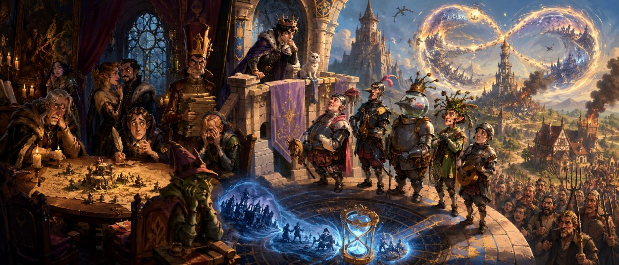 Ein magischer Turm ragt über einem mittelalterlichen Königreich auf, während schräge Ritter, Hofintrigen, Ressourcenstapel und wütende Bürger das Fantasy-Management-Chaos zeigen.
