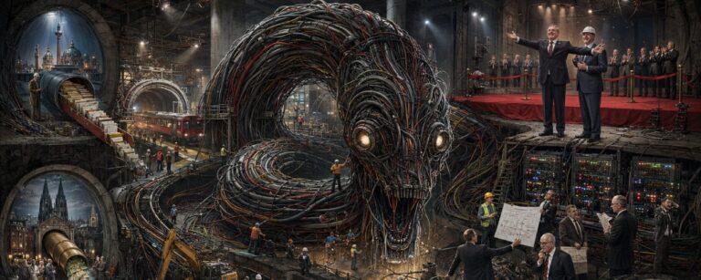 Satirische Illustration eines unterirdischen Stuttgart-21-Bahnhofs, in dem ein riesiger Kabelwurm aus falsch verlegten Leitungen zwischen Ingenieuren, Bauplänen und überforderten Beamten lauert.