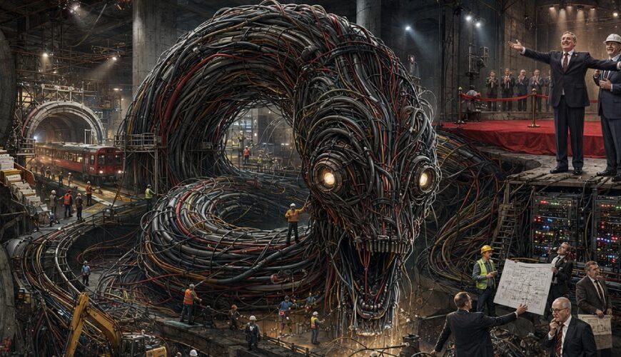 Satirische Illustration eines unterirdischen Stuttgart-21-Bahnhofs, in dem ein riesiger Kabelwurm aus falsch verlegten Leitungen zwischen Ingenieuren, Bauplänen und überforderten Beamten lauert.