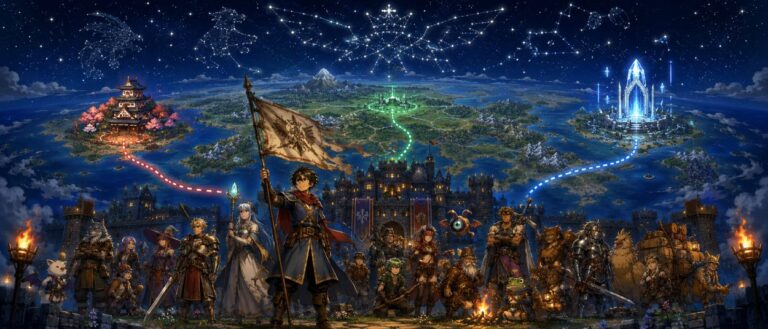Viele Fantasyhelden stehen unter einem sternklaren Himmel vor einer pixelartigen Burg, während leuchtende Sterne über ihnen erscheinen.