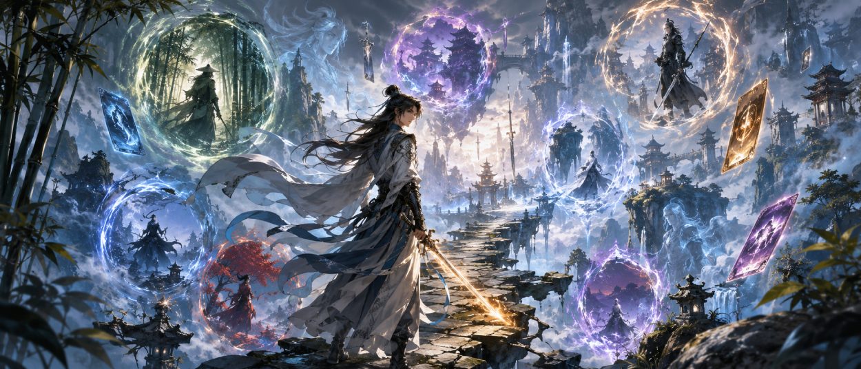 Ein Wuxia-Schwertkämpfer steht auf einer schwebenden Brücke zwischen mehreren Fantasywelten, während Geisterhelden, Klingenlicht und fernöstliche Tempel in der Luft erscheinen.