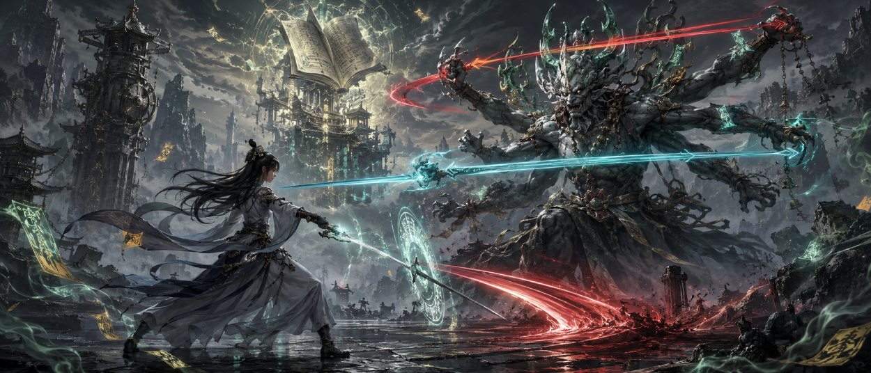 Eine junge Schwertkämpferin steht in einer mythologischen chinesischen Fantasywelt einem Yaoguai gegenüber, während farbige Konterlinien durch die Luft schneiden.
