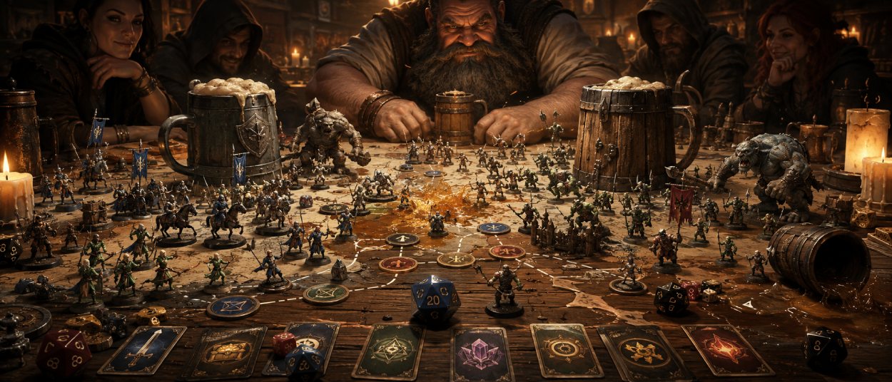 Kleine Fantasy-Armeen kämpfen auf einem Wirtshaustisch, während Würfel, Bierkrüge, Trolle, Elfen und taktische Miniaturen die Szene prägen.