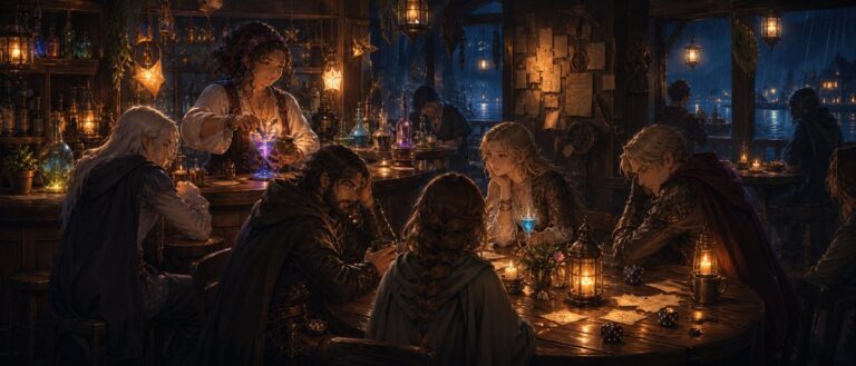 Eine gemütliche Fantasy-Taverne mit magischen Getränken, Kerzenlicht, Abenteurern und einer Wirtin hinter der Theke.