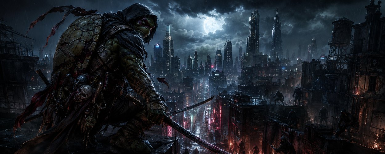 Ein einzelner Ninja Turtle steht in einem düsteren Zukunfts-New-York mit Katana, Kapuze und leuchtenden Neonlichtern im Regen.
