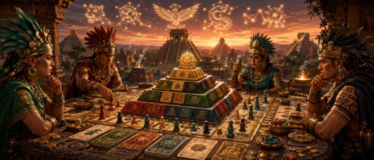 Rivalisierende Clans bauen farbig verzierte Pyramiden vor einem antiken Tempel, während Priester und Göttersymbole über dem Spielbrett erscheinen.