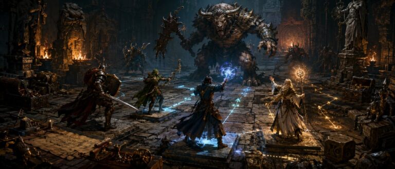 Vier Fantasy-Helden stehen in einem taktischen Dungeon vor einem gewaltigen Boss, während magische Felder, Miniaturen und Brettspiel-Elemente die Szene prägen.