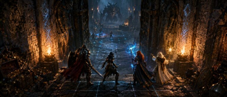 Eine Gruppe Fantasyhelden steht vor einem geöffneten Dungeon-Tor, während Monster, Fackellicht und magische Symbole aus der Tiefe aufsteigen.