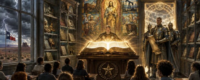 Texas-Klassenzimmer als düsterer Sakralraum mit leuchtender Bibel auf dem Pult, Schülern an Schulbänken und staatlichen Paladin-Wächtern vor einem Kirchenfenster.