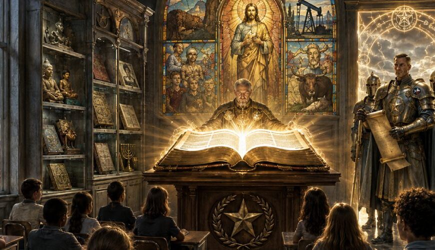 Texas-Klassenzimmer als düsterer Sakralraum mit leuchtender Bibel auf dem Pult, Schülern an Schulbänken und staatlichen Paladin-Wächtern vor einem Kirchenfenster.