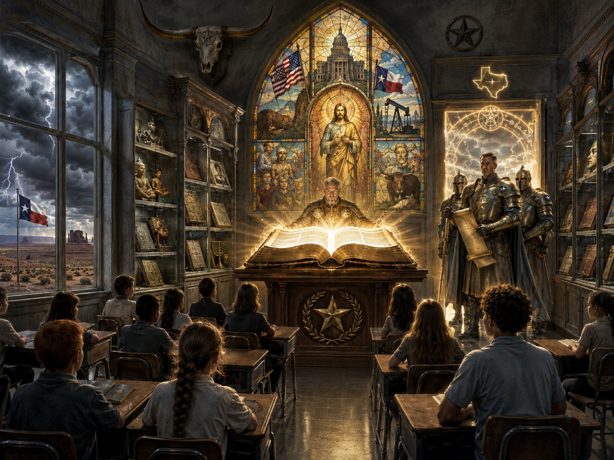 Digitale Fantasy-Arena mit Elon-Musk-artigem Plattformfürsten, schwarzem Selbstjustizritter, Hofnarr mit brennender Filmrolle und Prüfgilde vor jubelnder Menge.